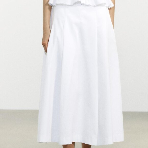 Zara White Pleated Midi Skirt - Size Large - Organic Cotton - Minimalist Chic - Picture 1 of 11
